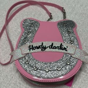 Betsey Johnson Glitter Glitz Glam XO Howdy Horseshoe Crossbody Bag Pink/Silver